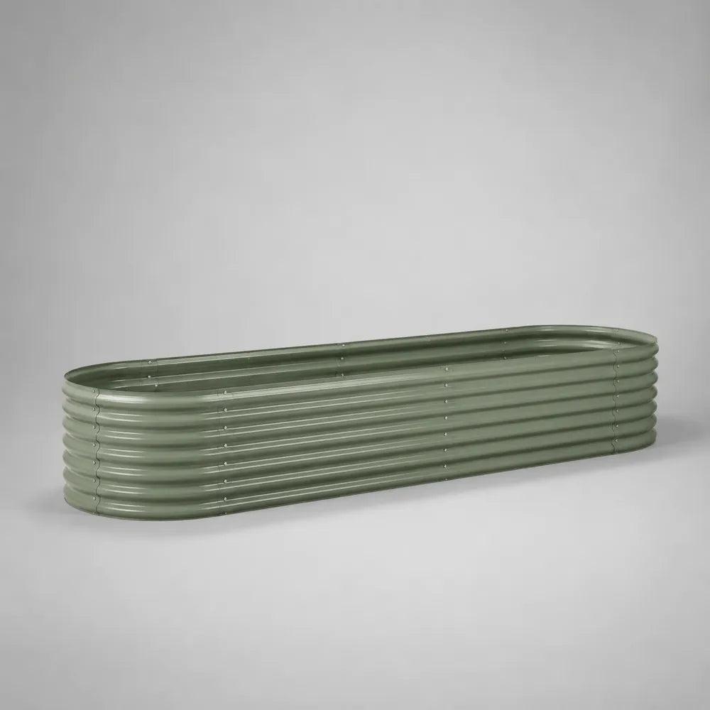 Aiuola rialzata ovale 200 cm x 60 cm x 30 cm in acciaio zincato verniciato verde struttura ondulata per orto urbano