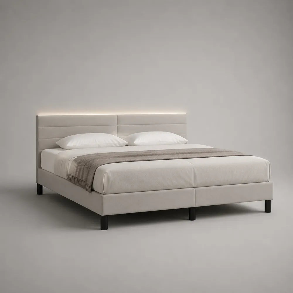 Letto matrimoniale 160x200 cm struttura imbottita beige con testiera LED integrata e gambe in metallo nero
