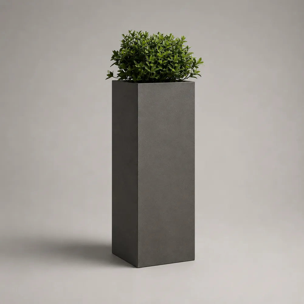 Vaso da fiori alto rettangolare 30 cm x 30 cm x 90 cm in fibrocemento grigio scuro per esterno