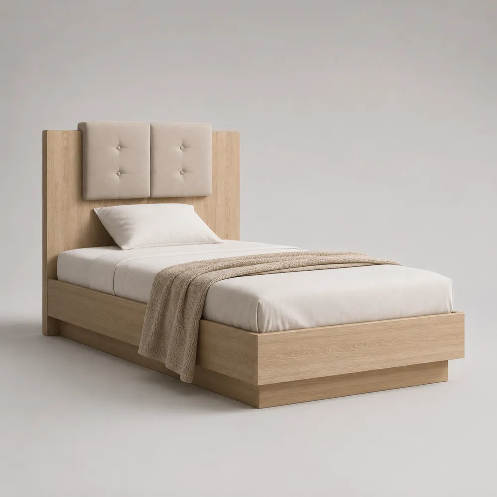 Letto singolo 90x200 cm struttura letto in MDF impiallacciatura rovere chiaro con testiera imbottita beige a due pannelli rettangolare