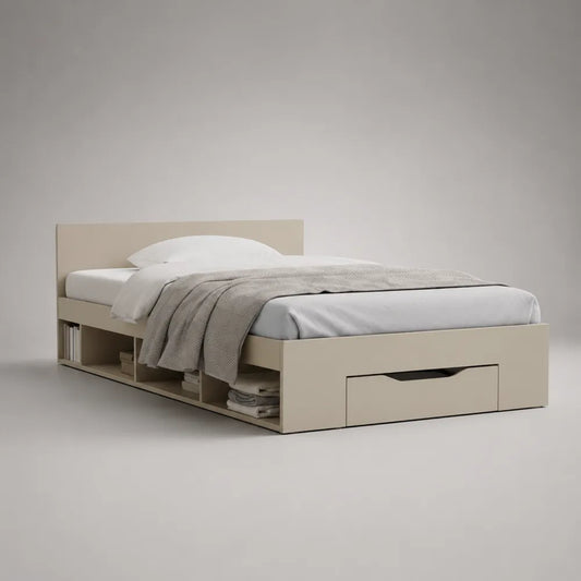 Letto matrimoniale contenitore con cassetto frontale e vani laterali struttura imbottita beige con testiera imbottita 160 x 200 cm