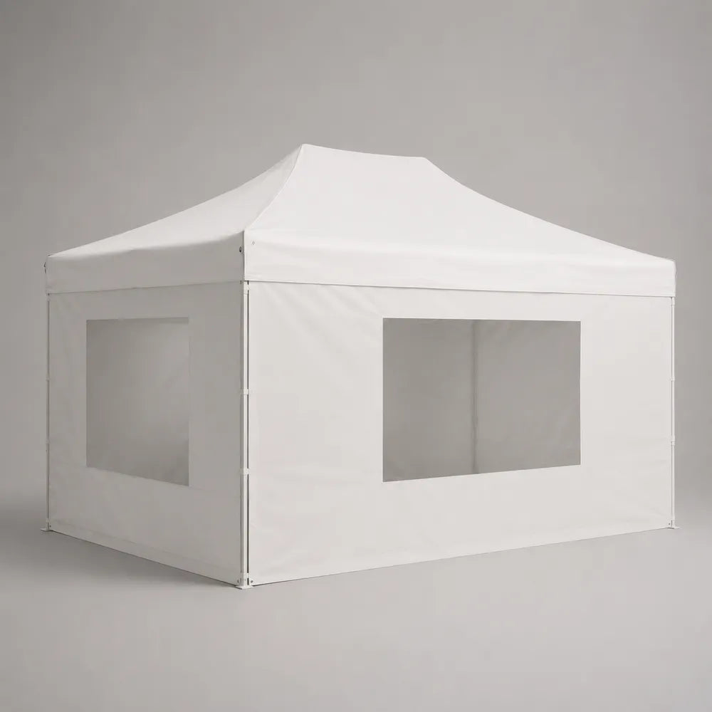 Gazebo pieghevole quadrato 300 x 300 x 260 cm in acciaio verniciato bianco con telo impermeabile e pareti laterali con finestre
