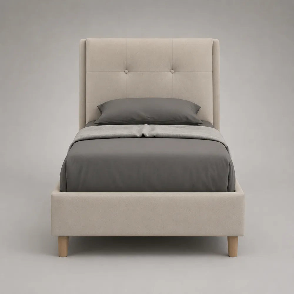 Letto singolo 90 x 200 cm struttura imbottita con testiera trapuntata MDF colore beige gambe in legno naturale chiaro