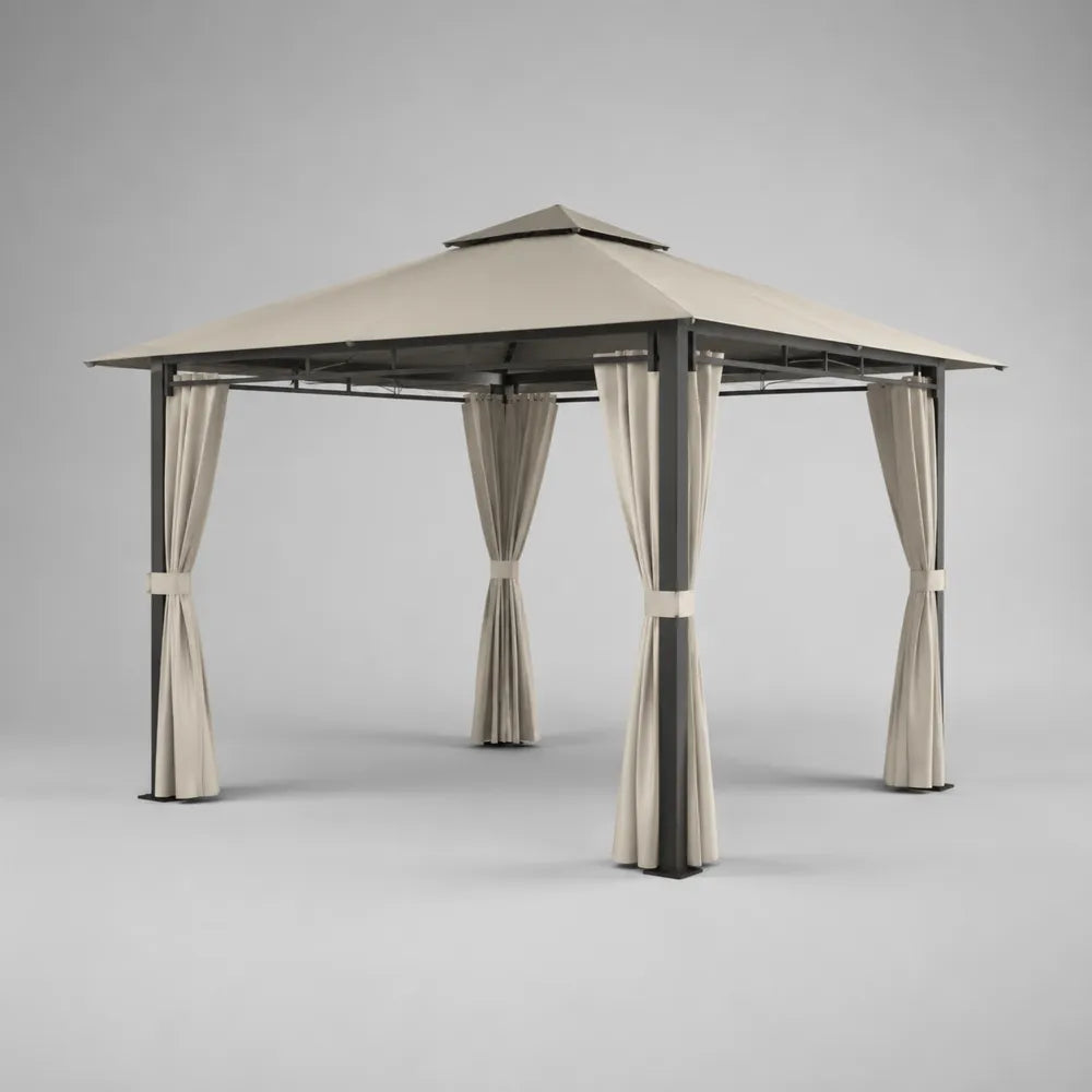Gazebo da giardino 300 x 300 x 260 cm con tende in poliestere struttura in acciaio verniciato beige e nero