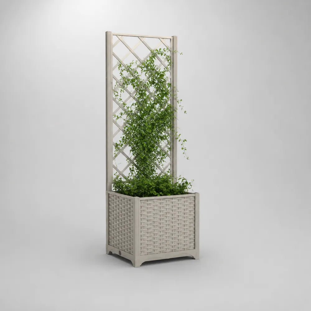 Fioriera con grigliato 40 cm x 40 cm x 150 cm in polipropilene effetto rattan beige con struttura per piante rampicanti