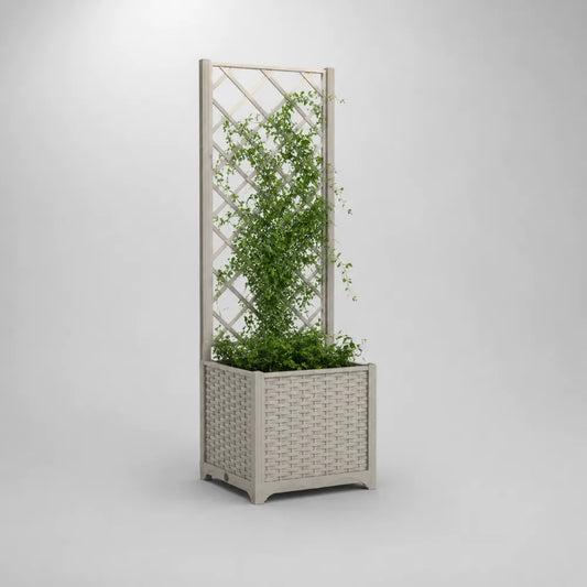 Fioriera con grigliato 40 cm x 40 cm x 150 cm in polipropilene effetto rattan beige con struttura per piante rampicanti