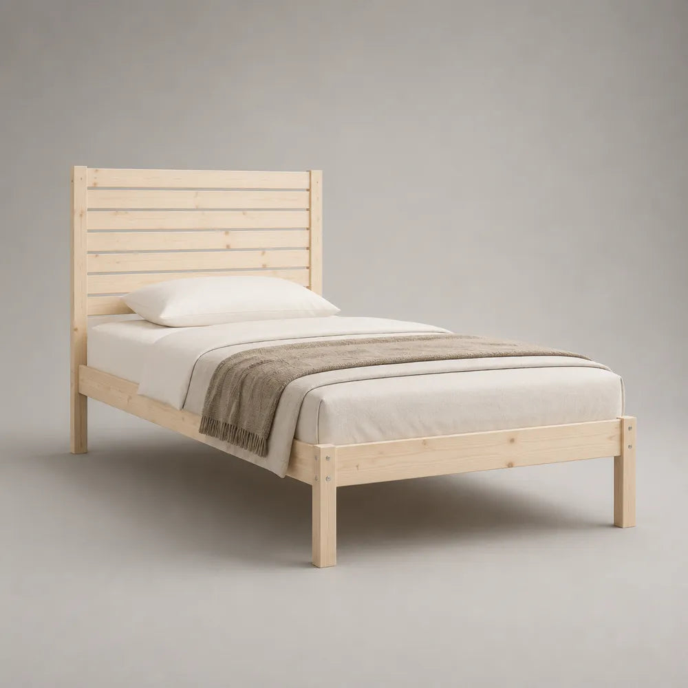 Letto singolo 90 x 200 cm struttura in pino massello con testiera a doghe orizzontali colore pino chiaro naturale