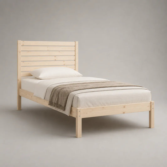 Letto singolo 90 x 200 cm struttura in pino massello con testiera a doghe orizzontali colore pino chiaro naturale