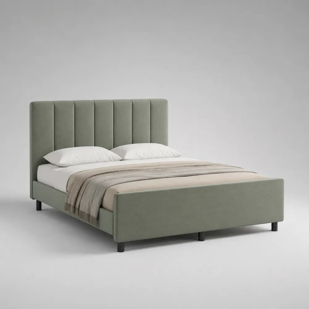 Letto matrimoniale 160x200 cm struttura letto imbottita in tessuto poliestere verde salvia con testiera a pannelli verticali e gambe nere