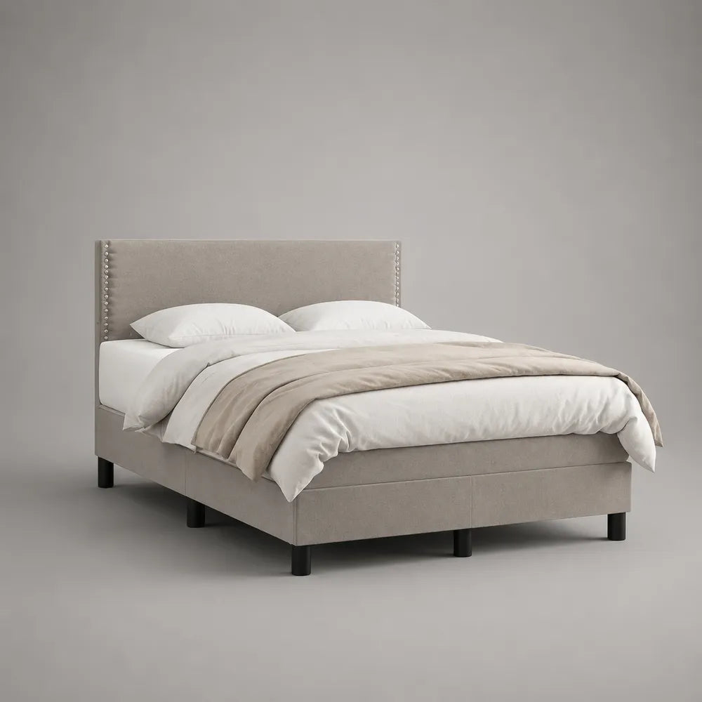 Letto matrimoniale 160 x 200 cm struttura letto imbottita in tessuto poliestere effetto lino beige grigio con testiera rettangolare con borchie gambe nere